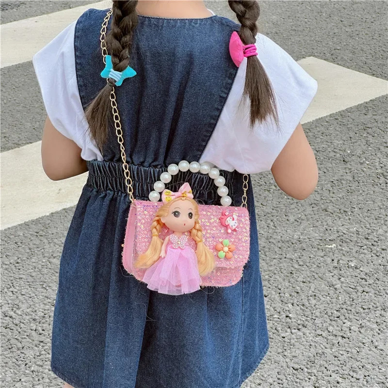 Cute Cartoon Doll Childrens Shoulder Bags Fashion Pearl Handle Princess Girl Messenger Bag Sweet Novel Kid Change Purse Handbag 250605