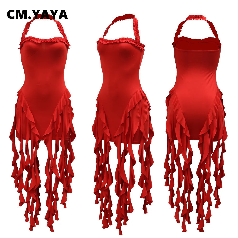 CM.YAYA Women Sleeveless Strapless Halter Long Dress Summer Streetwear Beach Tassel Evening Sexy Night Party Dresses Vestidos 250605