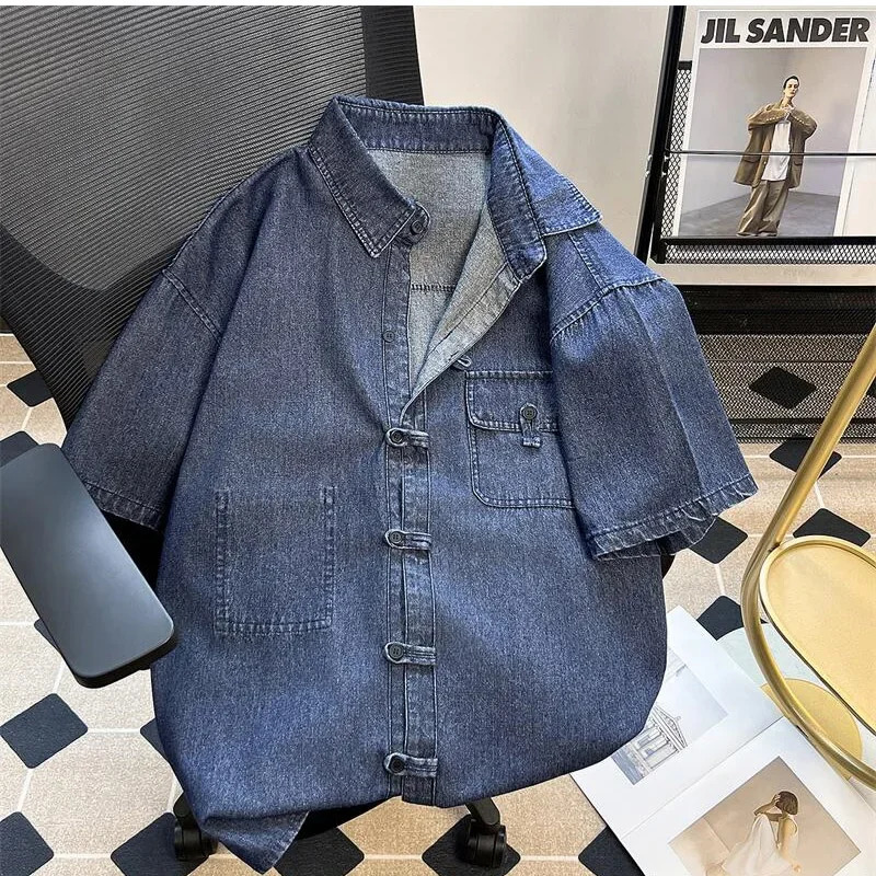 Mens Chinese Button ShortSleeved Denim Shirt Washed Tooling Jeans Jacket Loose Retro 2025 Summer HalfSleeved Top 250530