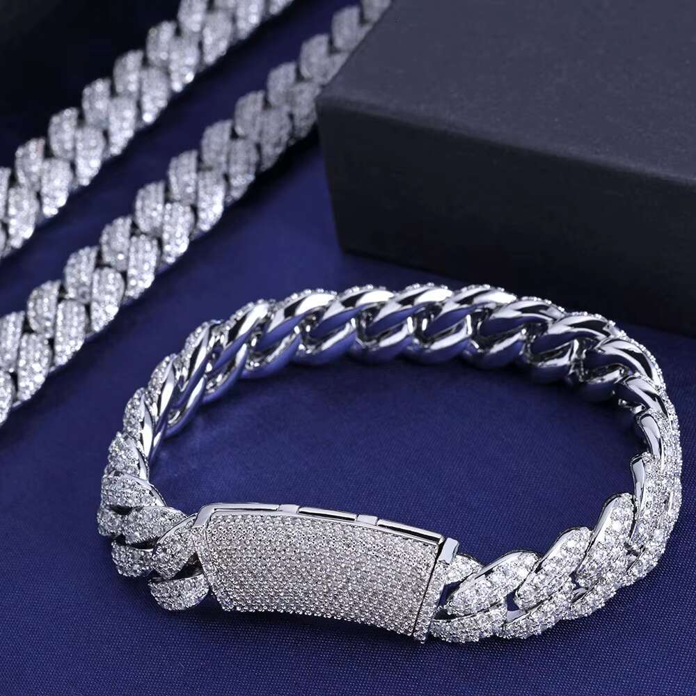 NUOYA 13MM Iced Out Chain Diamond Cuban Link Chain Bracelet Men Hip Hop Shiny Vvs Moissanite 925 Silver Cuban Necklace