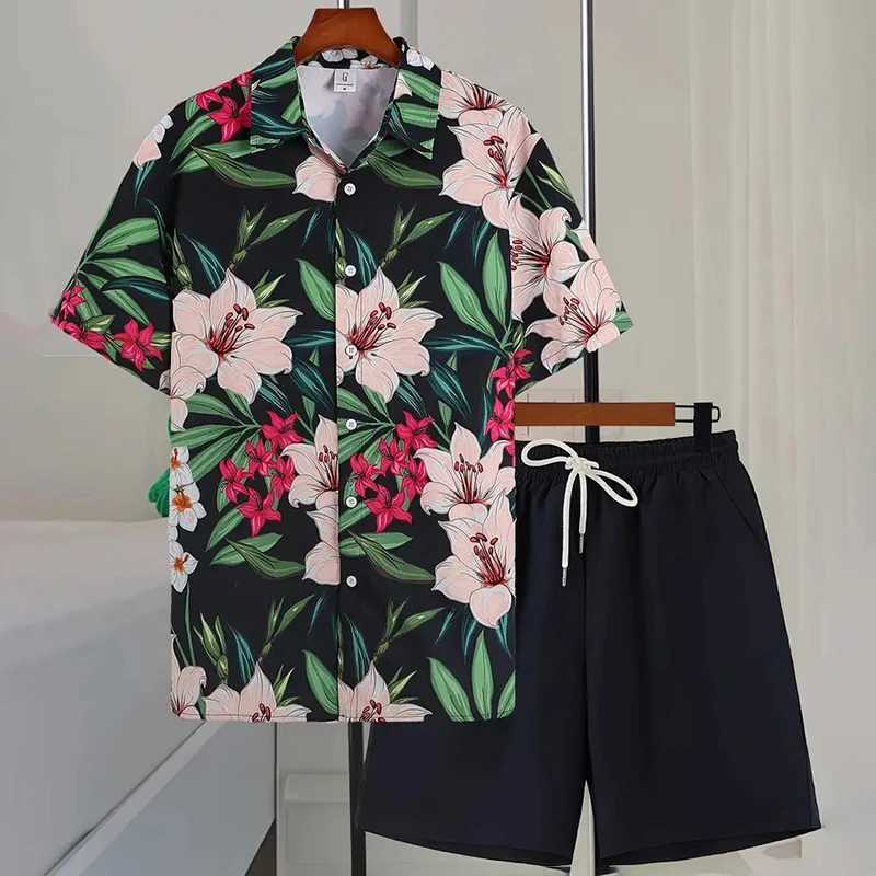 Fashion Flower Plant Print Mens Shirt Short Sleeve Shorts 2 Piece Summer Beach Casual Loose Shorts Tops Hawaiian Style Men Sets W250609
