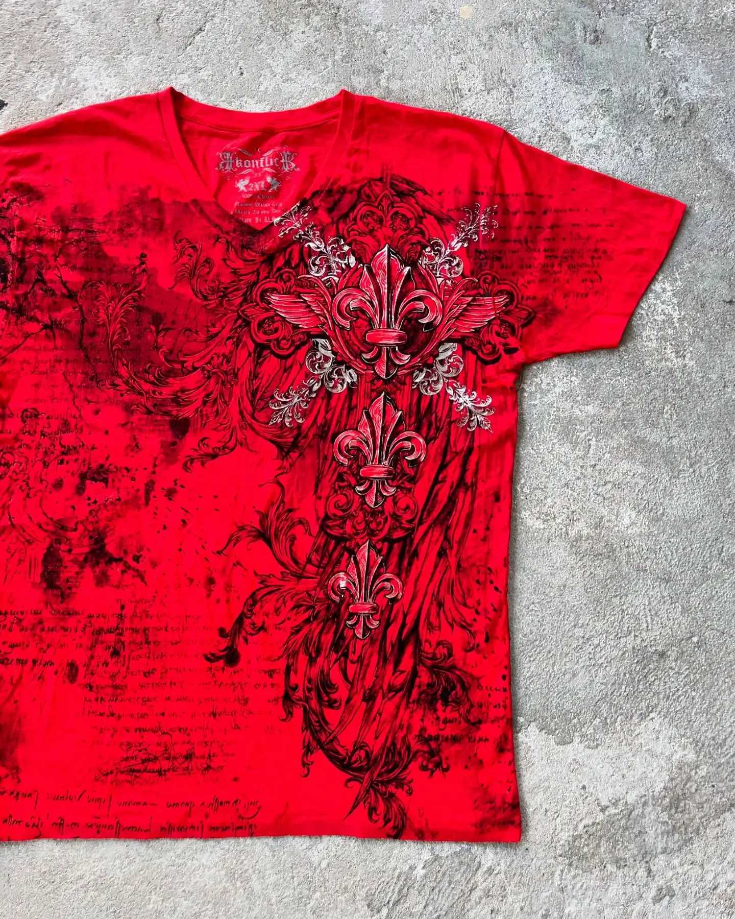 Konflic Mens Y2K Gothic Oversized T-Shirt Dark Skull Angel Print Mayhem Gaga Style Grunge Streetwear Cotton Short W250607