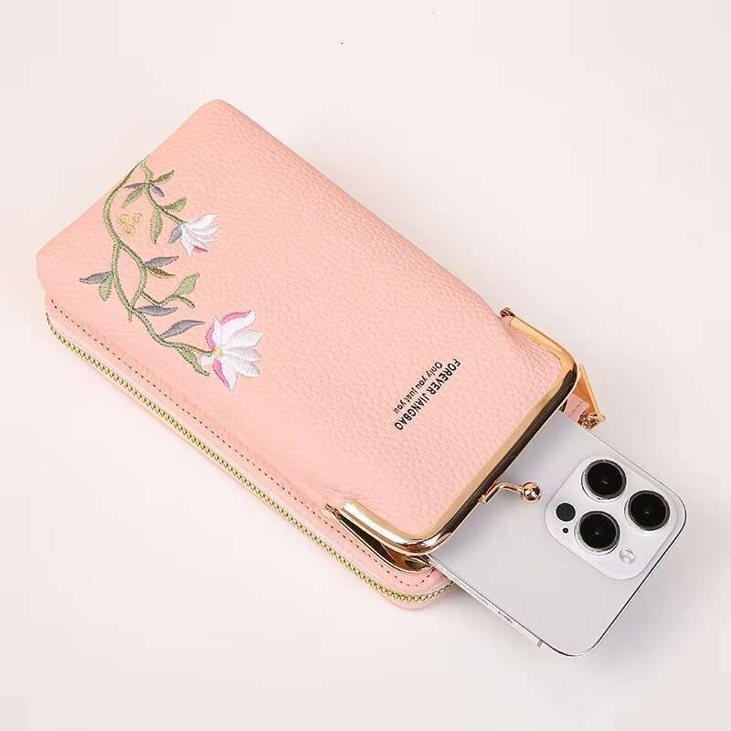 2025 New Embroidered Flower Phone Bag Single PU Shoulder Multi-function Crossbody Bags Long Wallets with Detachable Strap