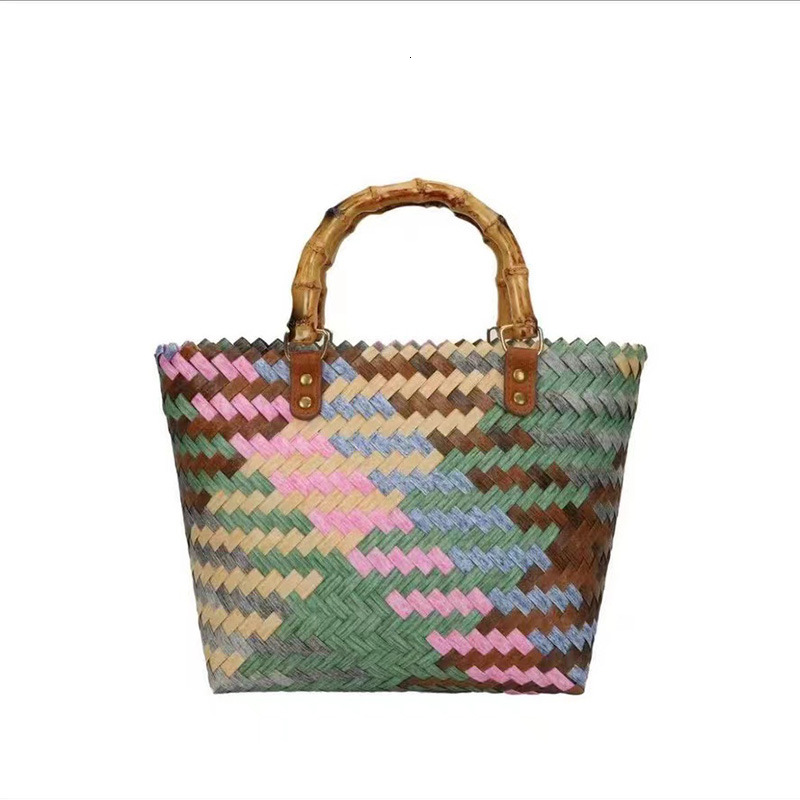 Factory Wholesale Colorful Imitation Rattan Woven Straw Bag Vintage Imitation Bamboo Handle Handmade Woven Bag Handbag Women's Bag