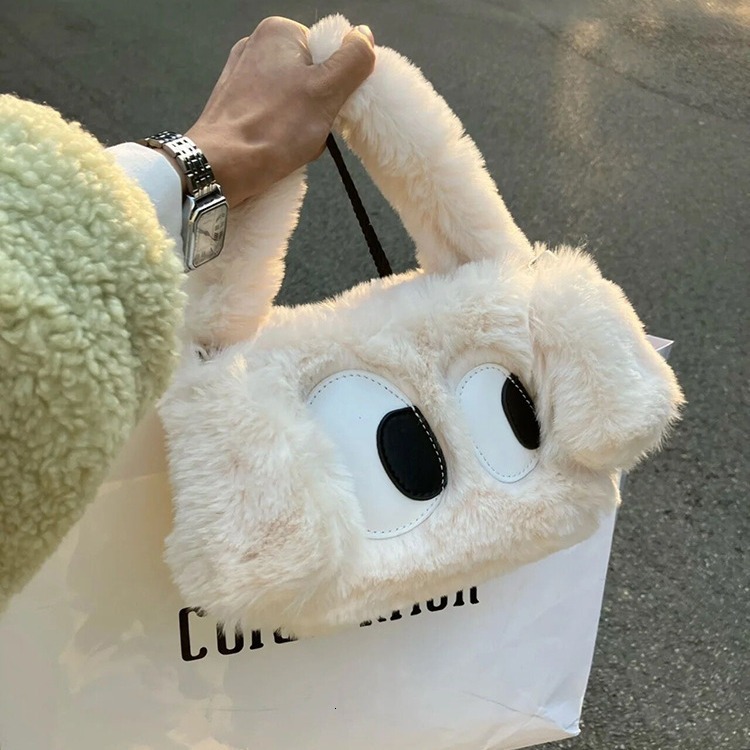 designer 2025 Winter New Furry Bag for Women Trendy Cute Cartoon Dog Plush Handbag Shoulder Crossbody Small Square Bag