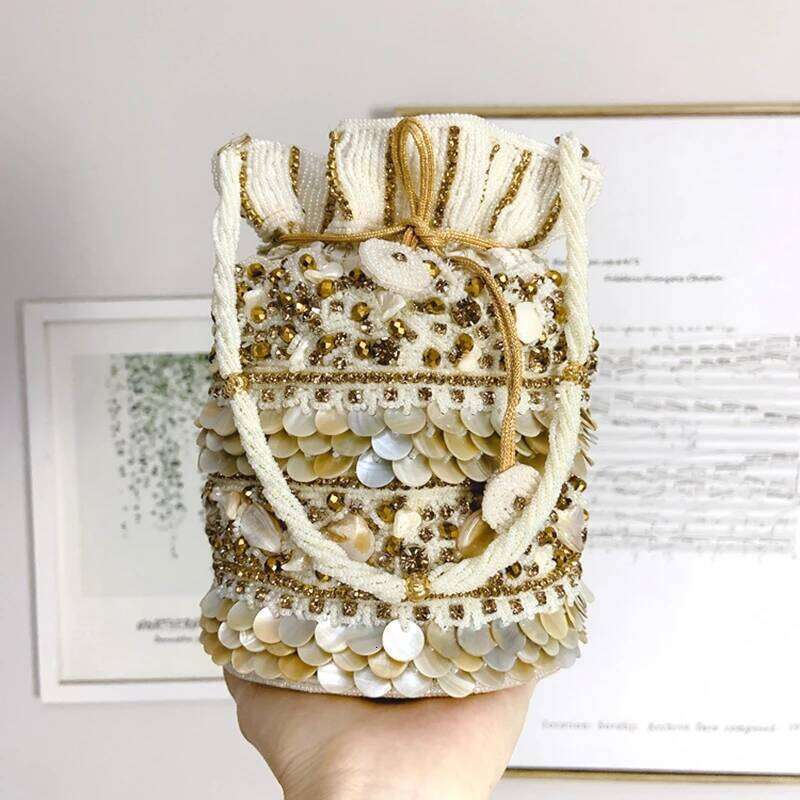 DOYUTIG Indian Handmade Heavy Industry Nail Bead Bucket Women Embroidered Shell Party Handbag Beauty Wedding Evening Bag N012