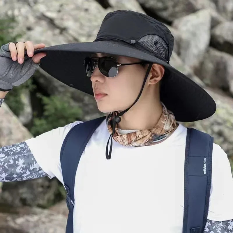 Summer 15CM Large Brim Sun Hat Men Breathable Mesh Fishing Caps Sun UV Protection UPF50 Fisherman Hats for Hiking Outdoor Beach 250605