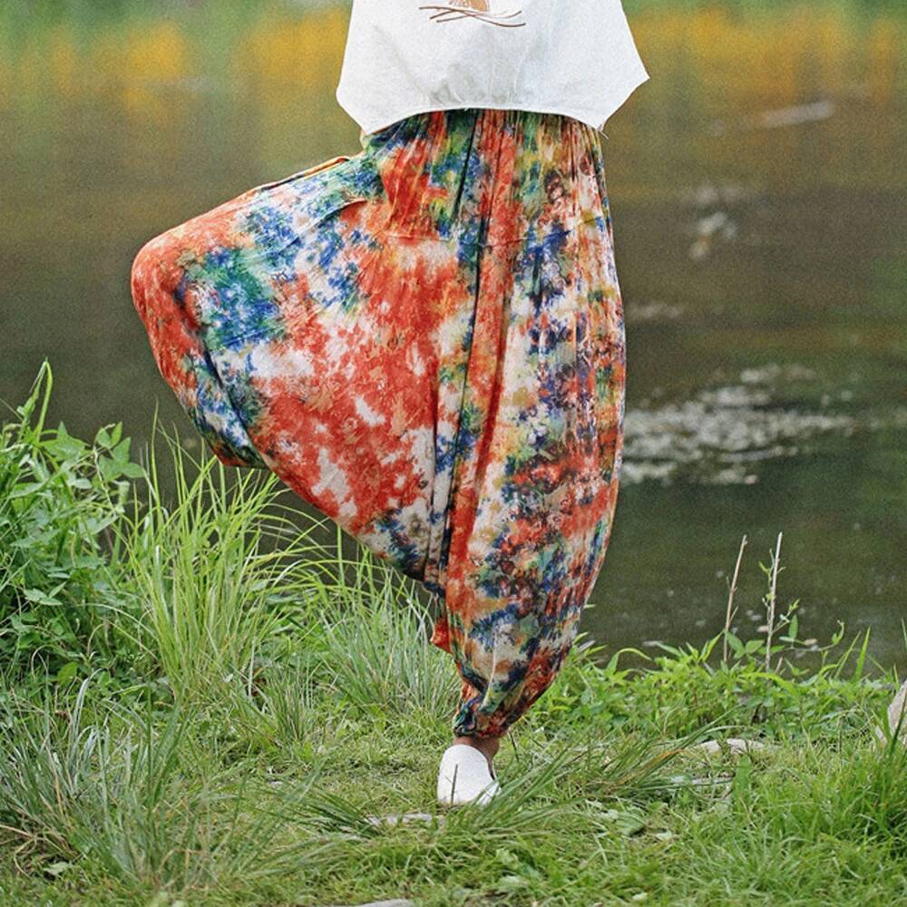 Women Boho Baggy Yoga Tie Dye Hippie Cotton Linen Harem Pants Female Beach Wear Elastic Waist Loose Drop-Crotch Trousers