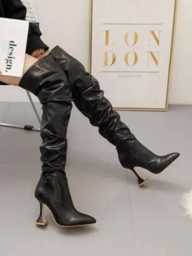 Ddmyoutdoor Leather Women Stiletto Pointed Toe White Heeled Knee Boots Wine Glass Heel Side Zipper Thigh Gigh Booties Outdoor Shoes