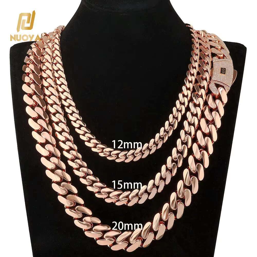 NUOYA Rose Gold Cuban Link Chain Necklace with Iced Out Diamond Clasp Thick Flat Monaco Cuban Chain Hip Hop Jewelry Gift