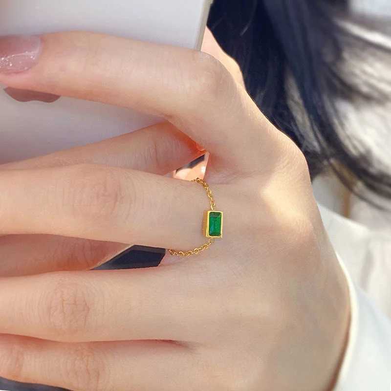 (Titanium Steel) New Green Zirconia Chain Ring Retro High-end Light Luxury Index Finger Ring Adjustable Pull-out Ring W250606