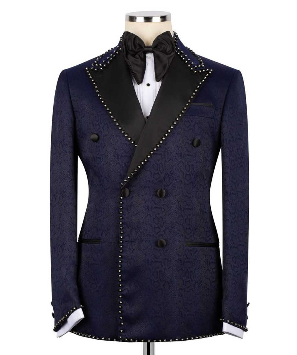 Luxurious Jacquard Wedding Tuxedos 2 Piece Set Jacket Pants Beaded Men Suit Handsome Groom Wear Party Evening Suits Customized