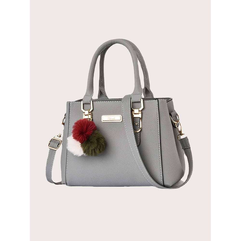 Waterproof,Lightweight,Business Casual Trendy Double Handle Satchel Bag, Pompom & Metal Decor Purse, Women's PU Crossbody Bag Pe