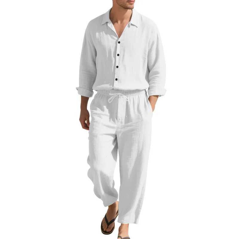 2025 Four Seasons Linen Mens Suit Casual Fashion Loose-Fitting Long Sleeves Shirt+Trousers2Set Beach Vacation Leisure Essential W250609