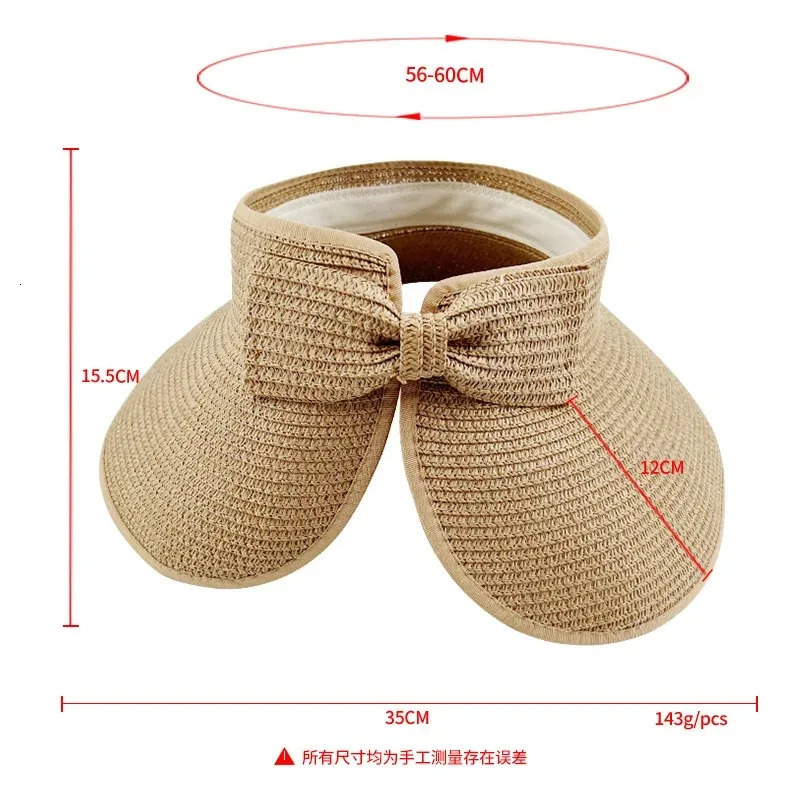 Women Summer Visors Hat Foldable Wide Large Brim Bowknot Empty Top Straw Hats Femme Beach UV Protection Caps 250603