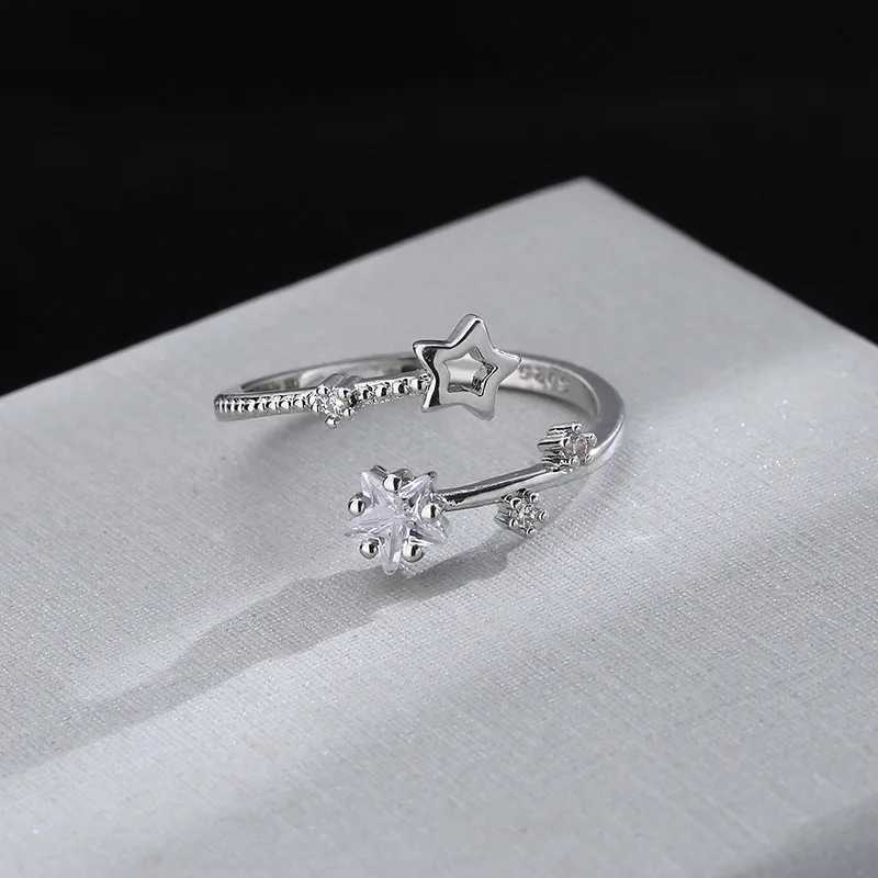 CIAXY Silver Color Hollow Five-pointed Star Rings for Women Flower Vine Adjustable Ring Inlaid Zircon Wedding Jewelry W250606