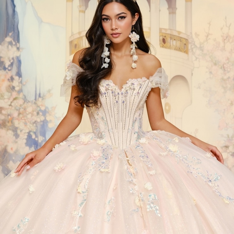 Champagne Shiny Quinceanera Dresses Ball Gown Off The Shoulder Applique Flower Beads Tull Sweet 16 Dress Vestidos 15 De Anos