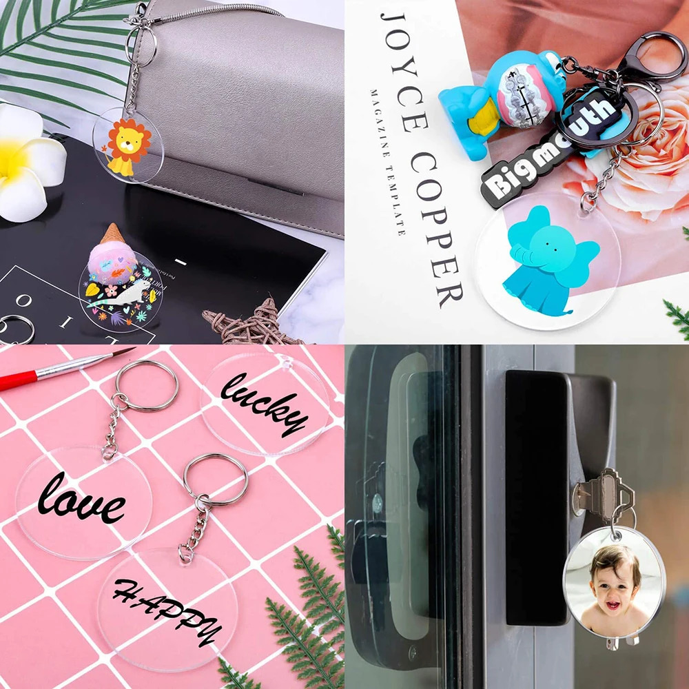 90Pcs Acrylic Keychain Blanks Kit with Key Rings Jump Rings Round Keyring Set DIY Key Rings Craft Supplies 250606