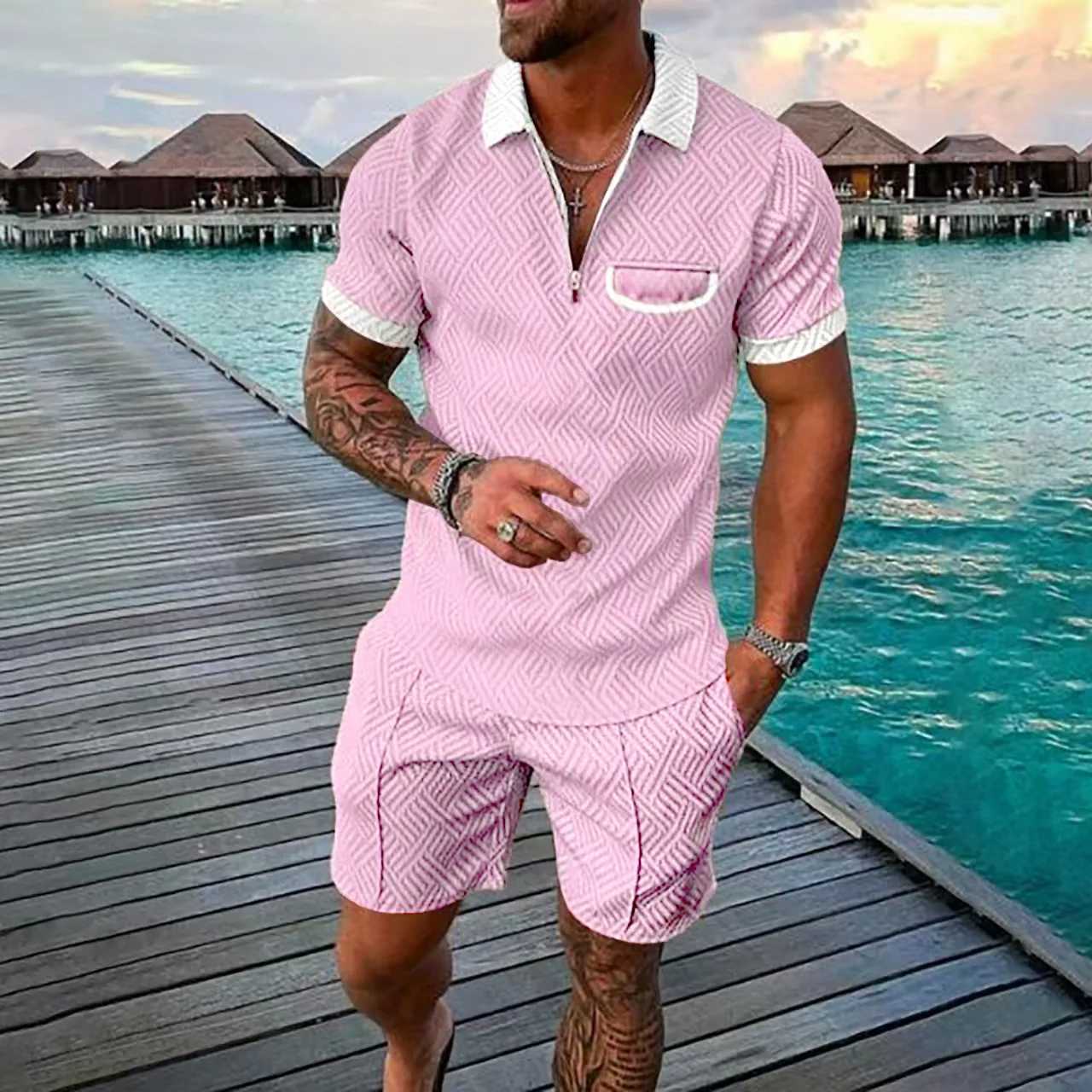 2025 new summer mens fashion lapel leisure sports set 3D digital printed zipper short-sleeved pullover pull-up shorts two sets W250609