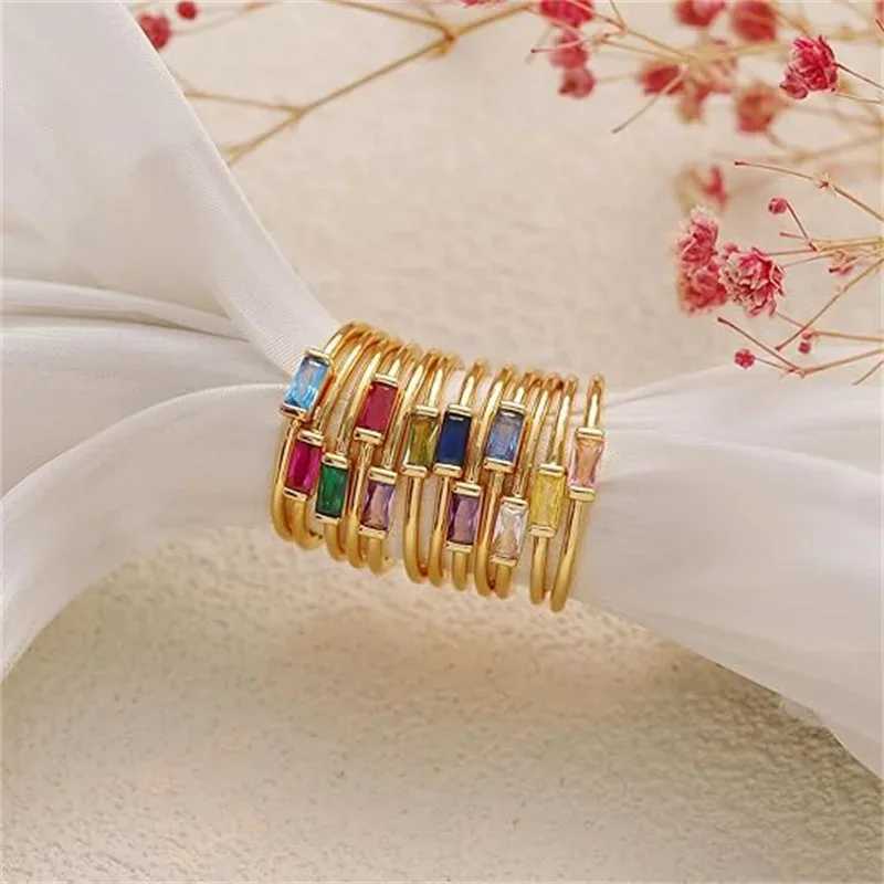Shiny 12 Colors Birthstone Ring Stainless Steel Gold Plated Zircon Rings Zodiac Constellation For Women Jewelry Birthday Gifts W250606