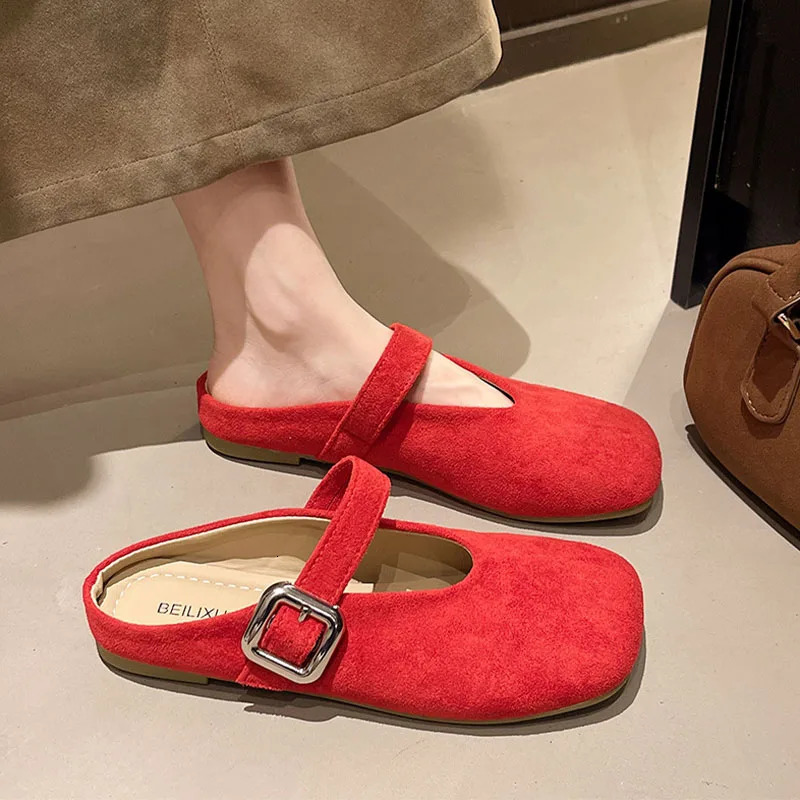 French Retro Baotou Half Slippers Female External Wear Summer Fashion Non-slip Flat Bottom Square Head Shallow Mouth Single Shoe 250603
