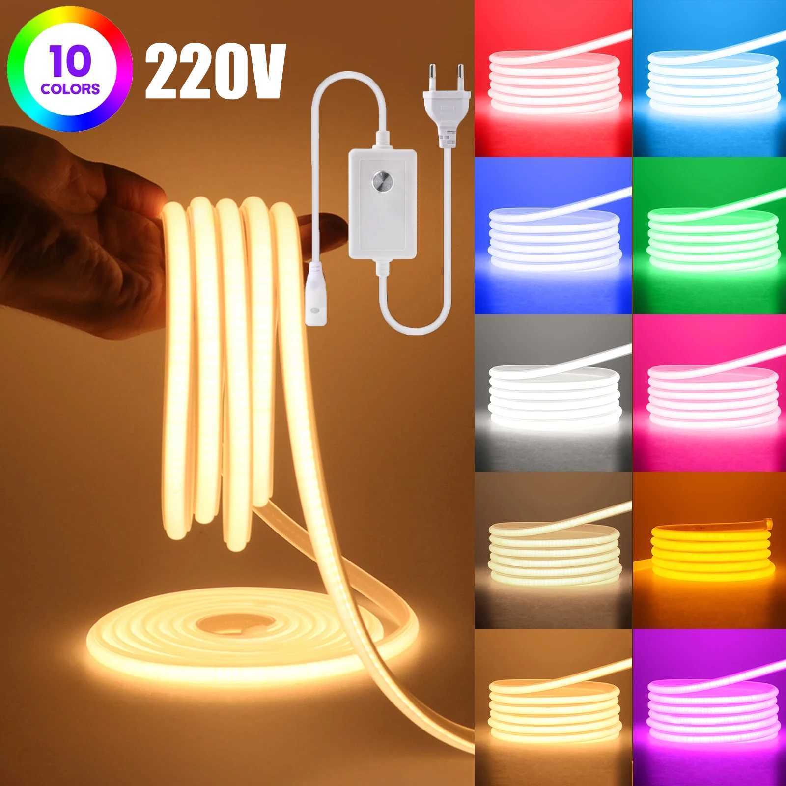 COB LED Strip Neon Light 220V EU Plug With Dimmer 288 LEDs/m Outdoor COB Light White Natural Pink Red For Kitchen Linear LightXJ250606