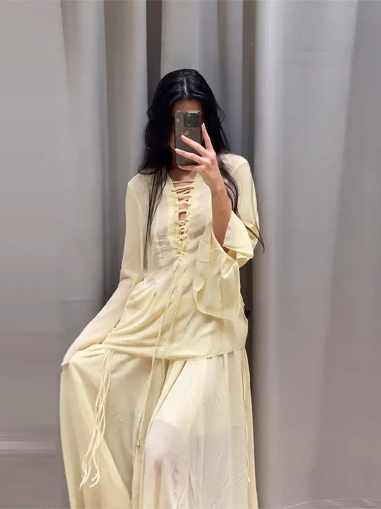 Summer Chiffon Ruffle Long Puff Shirts For Women Elegant Oversize V-neck Blouse 2025 Summer Holiday Chic Beach Street Loose Tops 250605