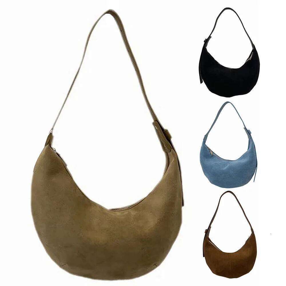 Women Suede Crescent Zipper Closure Underarm Bag Solid Retro Handbag Clutch Purse for Work Travel