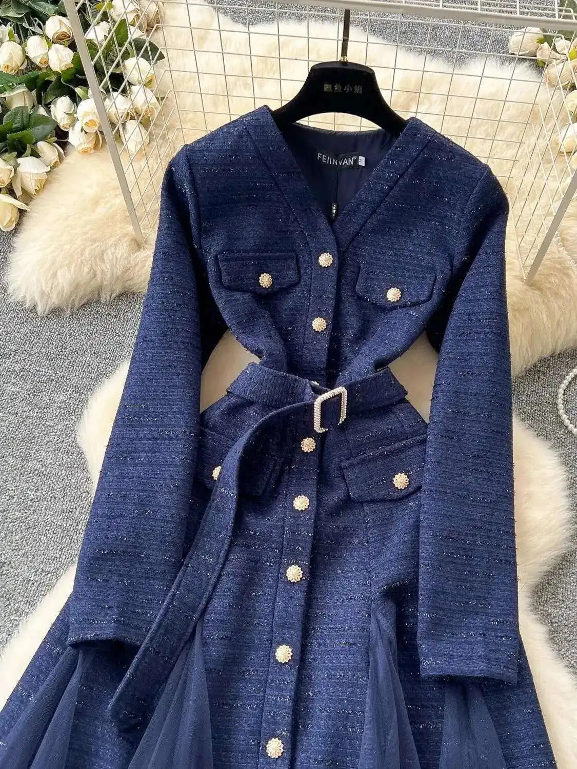 Autumn Vintage Long Sleeve Mesh Tulle Tweed Woolen Midi Dresses Womens Pearls Golden Single Breasted Diamonds Belt Clothing 250603