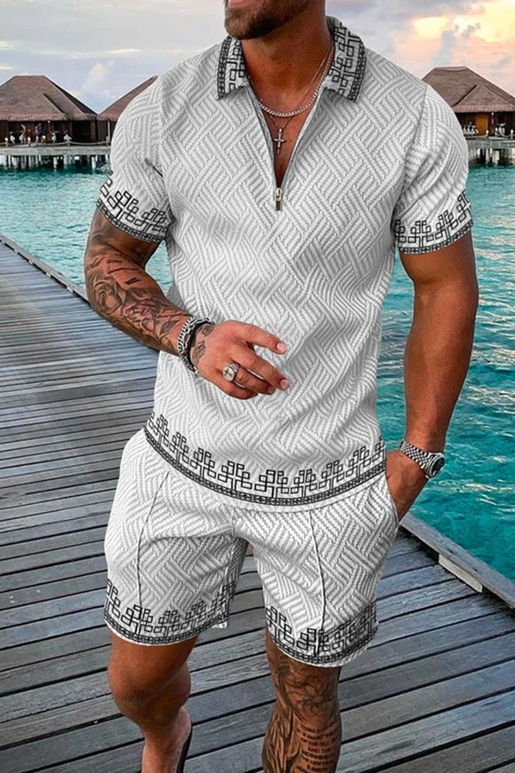 Mens Summer Casual Polo Shirt Set Male Fashion Tracksuit Solid Color Suit Trun Down Collar Zipper Clothing Vintage Outfit 250605