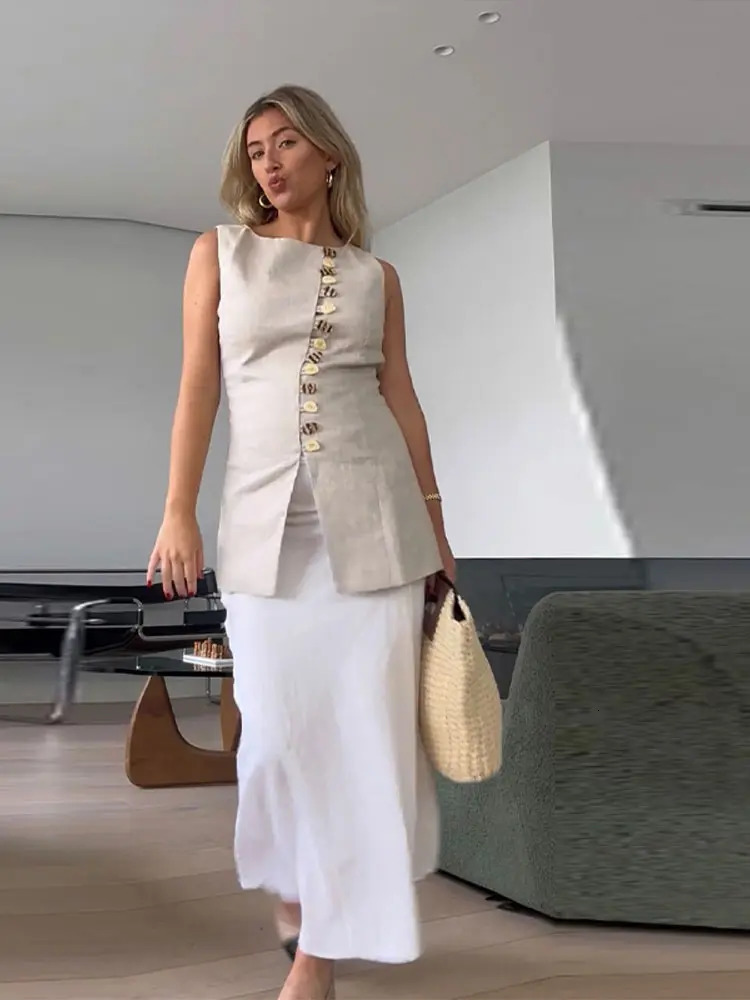 Cotton Linen Vest Mini Skirts Suits Women O Neck Single Breasted Lace Up Sets Female 2025 Spring Soft Solid Sets 2 Pieces 250605