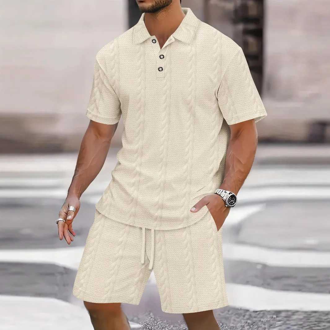 2025 New Mens Summer Jacquard Solid Color Set Casual Beach Style Lapel Opening Short-Sleeved Drawstring Shorts Two-Piece Set W250609