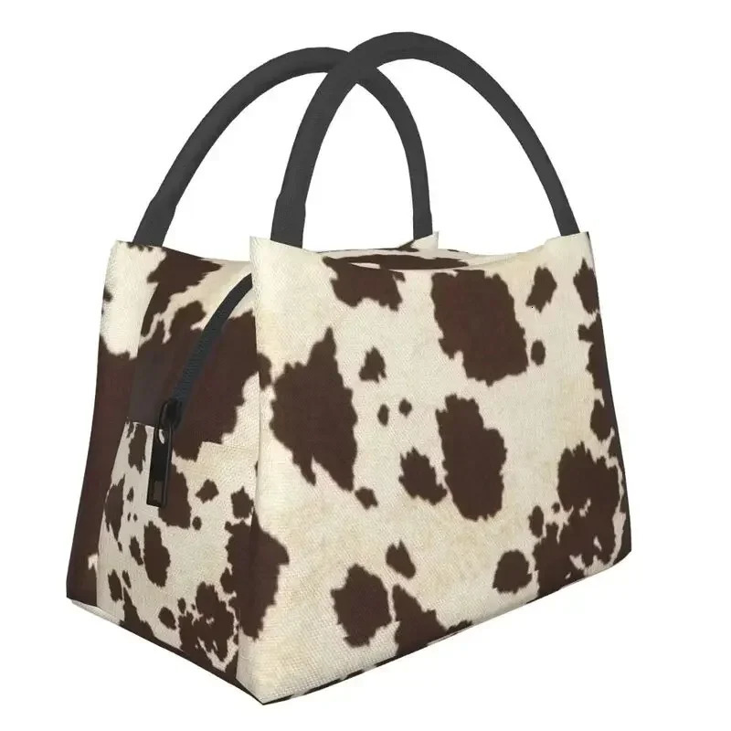 Brown and White Cowhide Lunch Bag for Womens Cooler Insulated Lunch Box Used for Camping 250606