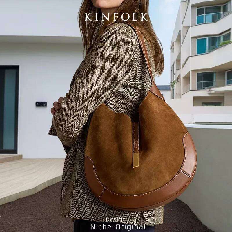 Trendy Cross-Border Women's Underarm Chamois Leather Ruffle Design Dumpling Tote Moon Shark Bag Handbag Chic Style