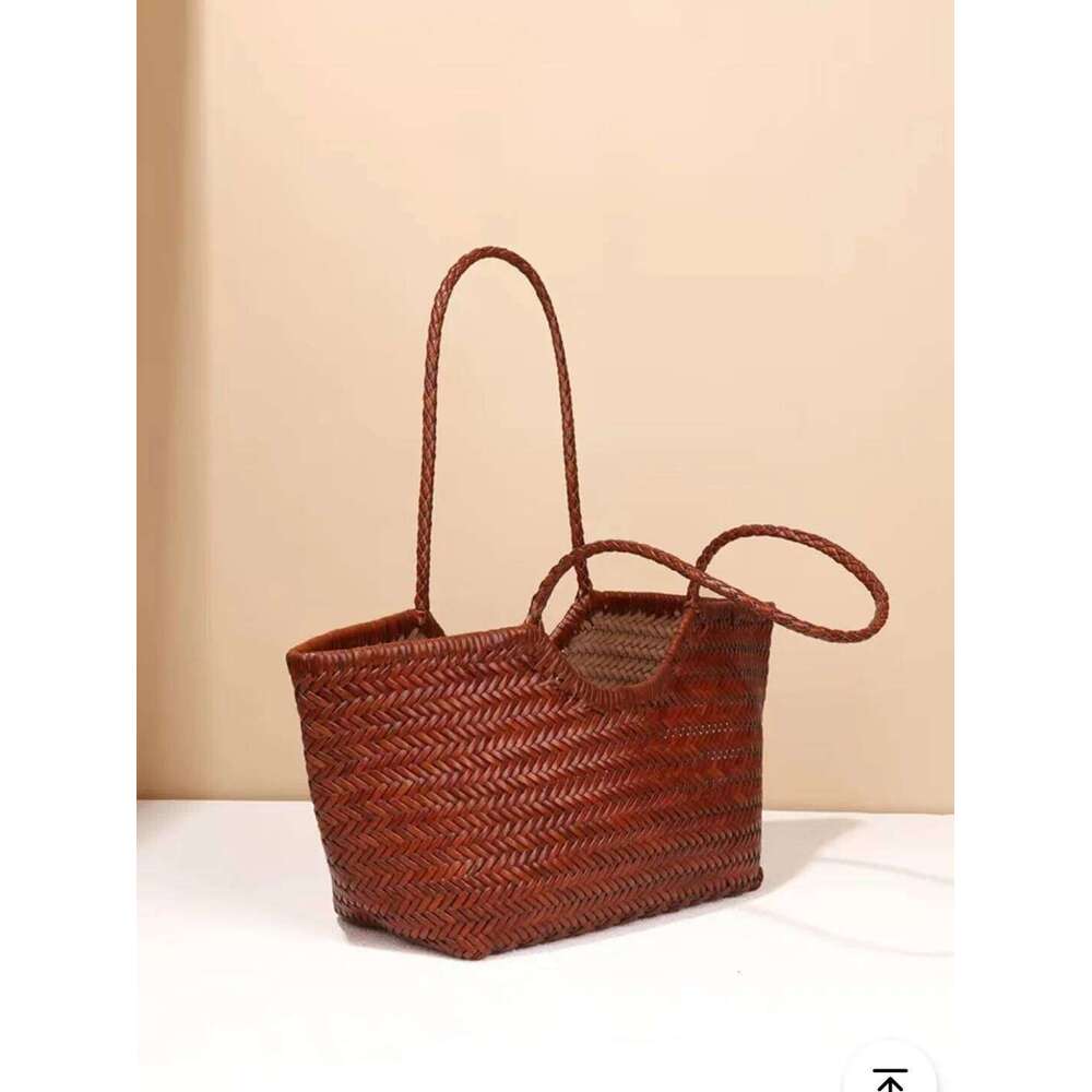Women's Genuine Leather Woven Vegetable Basket Antique Tote Bag 2025 New High-Quality Versatile Large Capacity