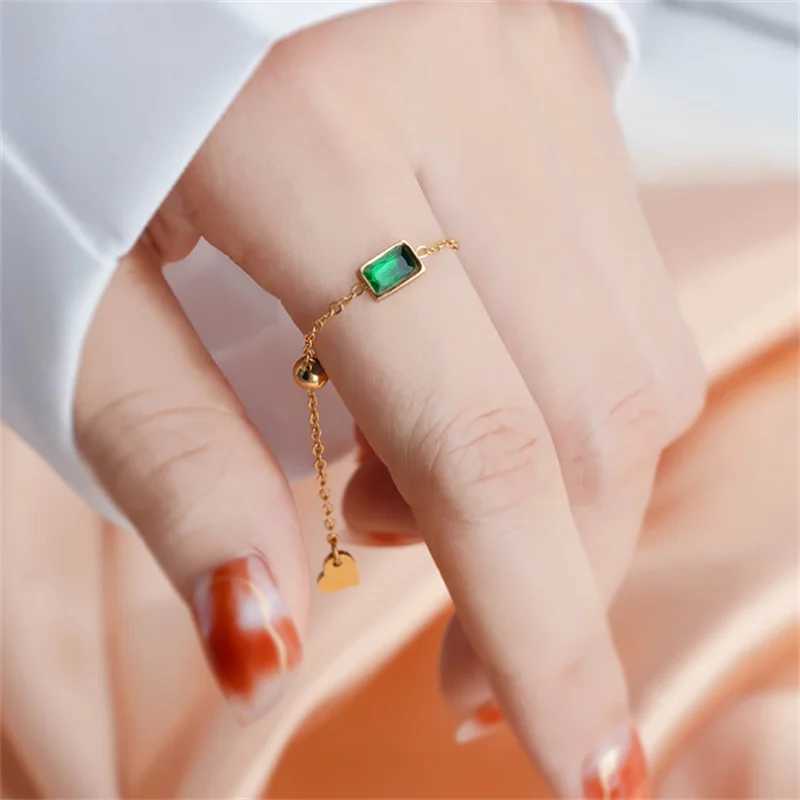 (Titanium Steel) New Green Zirconia Chain Ring Retro High-end Light Luxury Index Finger Ring Adjustable Pull-out Ring W250606