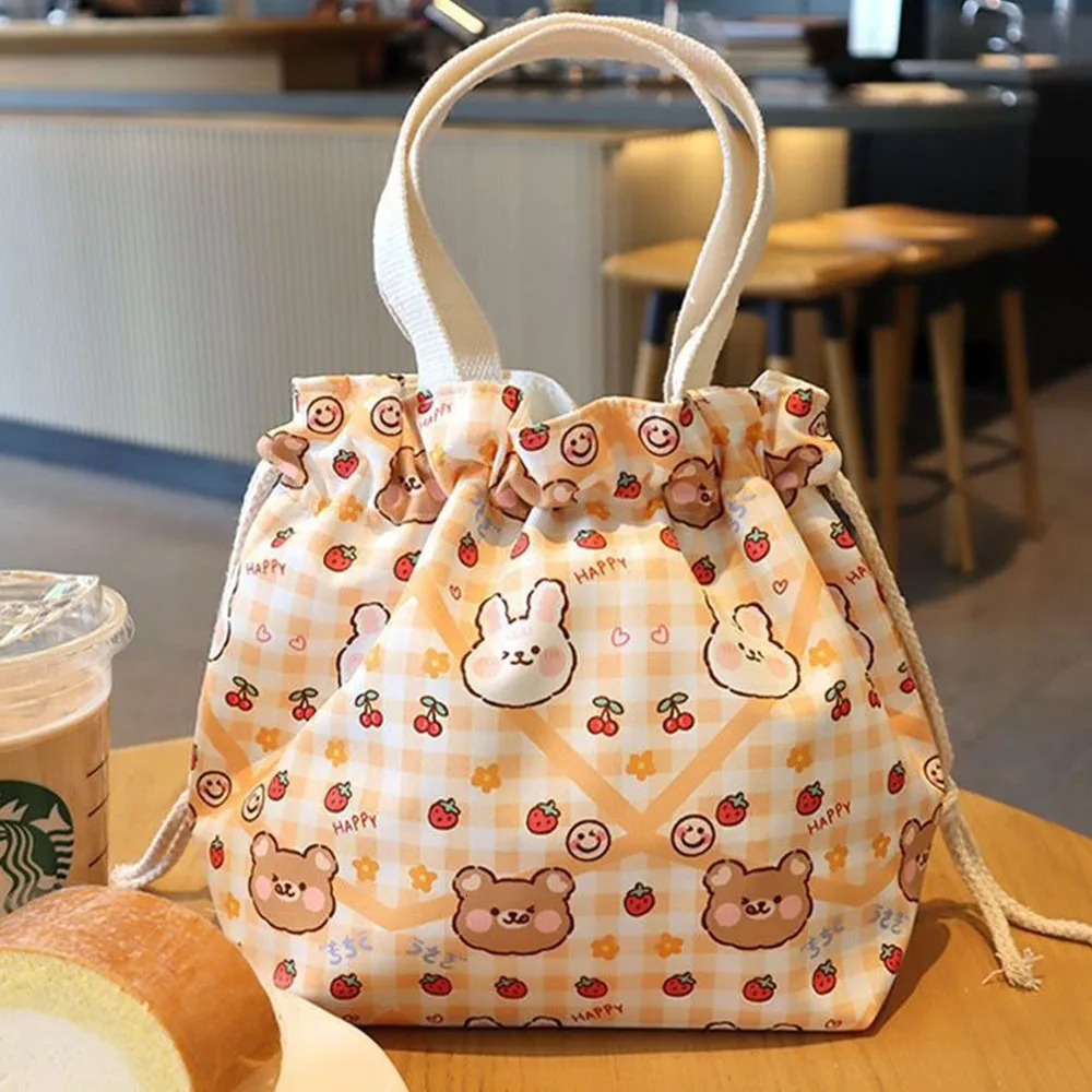 Lunch Bag Cartoon Flowers Canvas Lunch Box Drawstring Picnic Tote Eco Bento Bag Small Handbag Dinner Container Food Storage Bags 250606