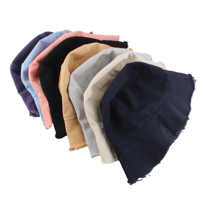 Custom Tassel Washed Denim Bucket Hat Cotton Plain Wide Brim Foldable Fishermans Hat Outdoor Beach Panama Cap 250605