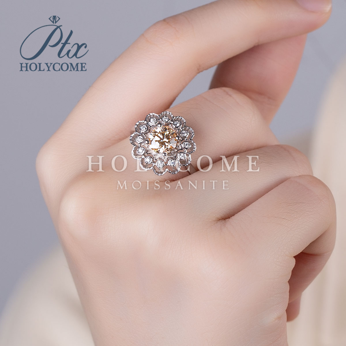 Women's 925 Sterling Silver Wedding Ring 1CT Champagne Moissanite Round Ice Flower Cut Party Gift Engagement Fashion Cluster Ring