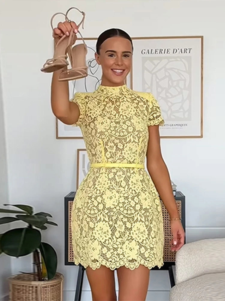 Fashion Lace Mini Dress For Women Stand Short Sleeve Hollow Out Hip Package Vestidos 2025 Summer Elegant Female Casual Dresses 250605