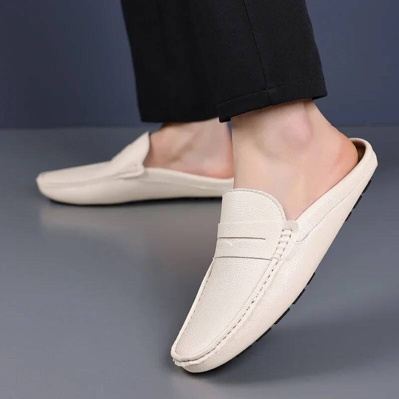 Ddmyoutdoor Summer Slip On Soft Leather Slippers High Quality Flats Male Walking Casual Loafers Half Shoes For Men Lazy Shoe Outdoor Shoes