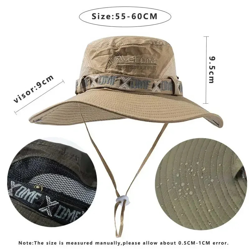 Summer Men Bucket Hat Outdoor UV Protection Wide Brim Panama Safari Hunting Hiking Hat Mesh Fisherman Hat Beach Sunscreen Cap 250605