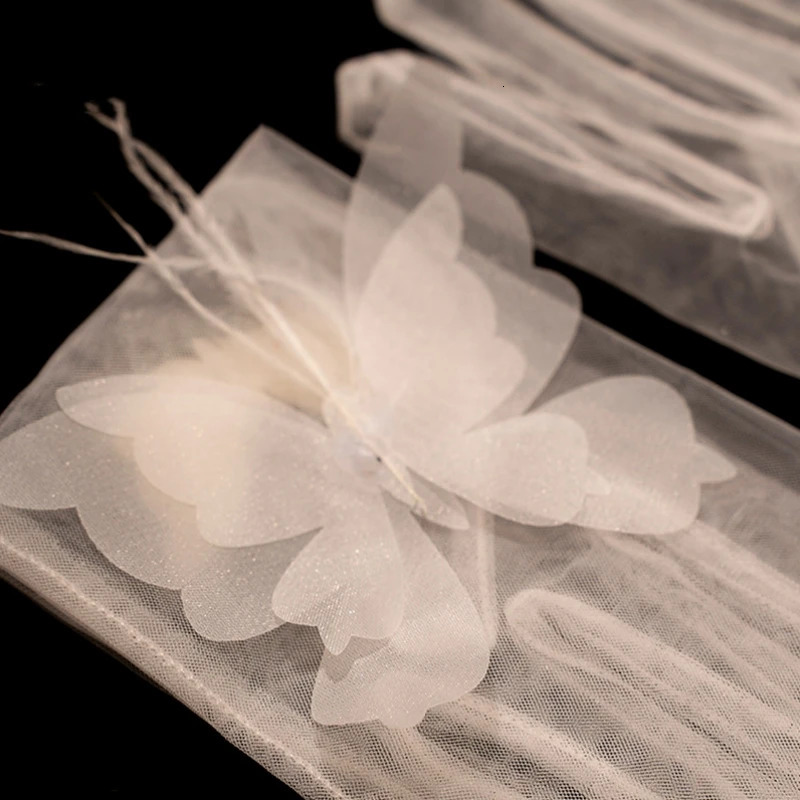 Stock Princes Wedding Gloves Full Finger Butterfly Feather Elbow Length Bridal Acccessory guantes largos mujer 250603