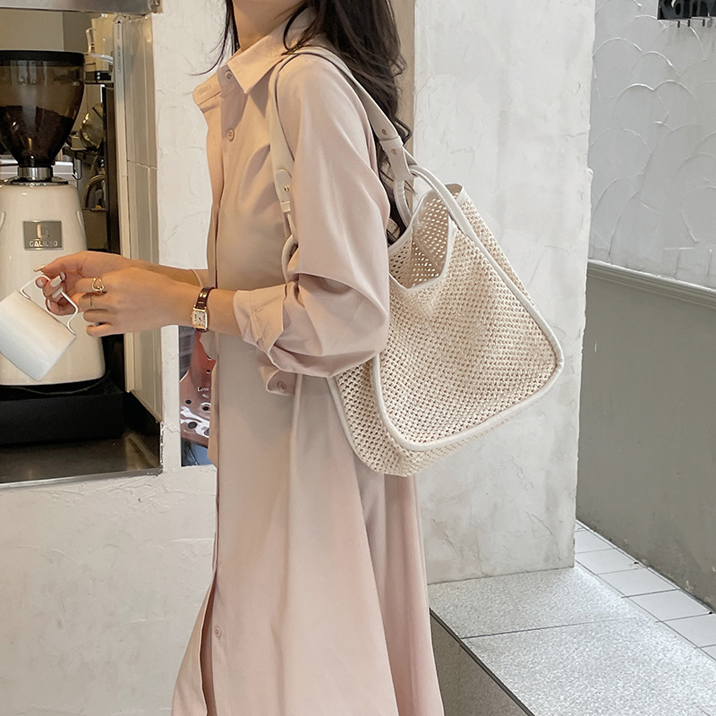 designer Korean Style INS Vacation Style Straw Bag 2025 Summer Single Shoulder Large Capacity Woven Underarm Bag Bucket Bag Beach Bag