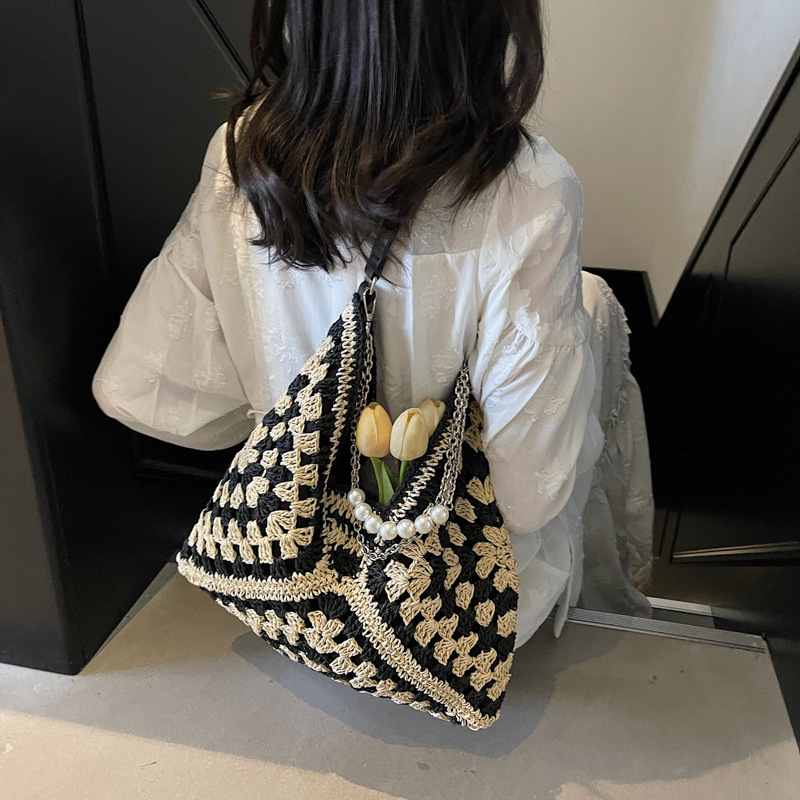 designer Woven Bag Beach 2025 Handmade Straw Hollow Bag Square Flower Triangle Color-Block Woven Shoulder Tote Handbag