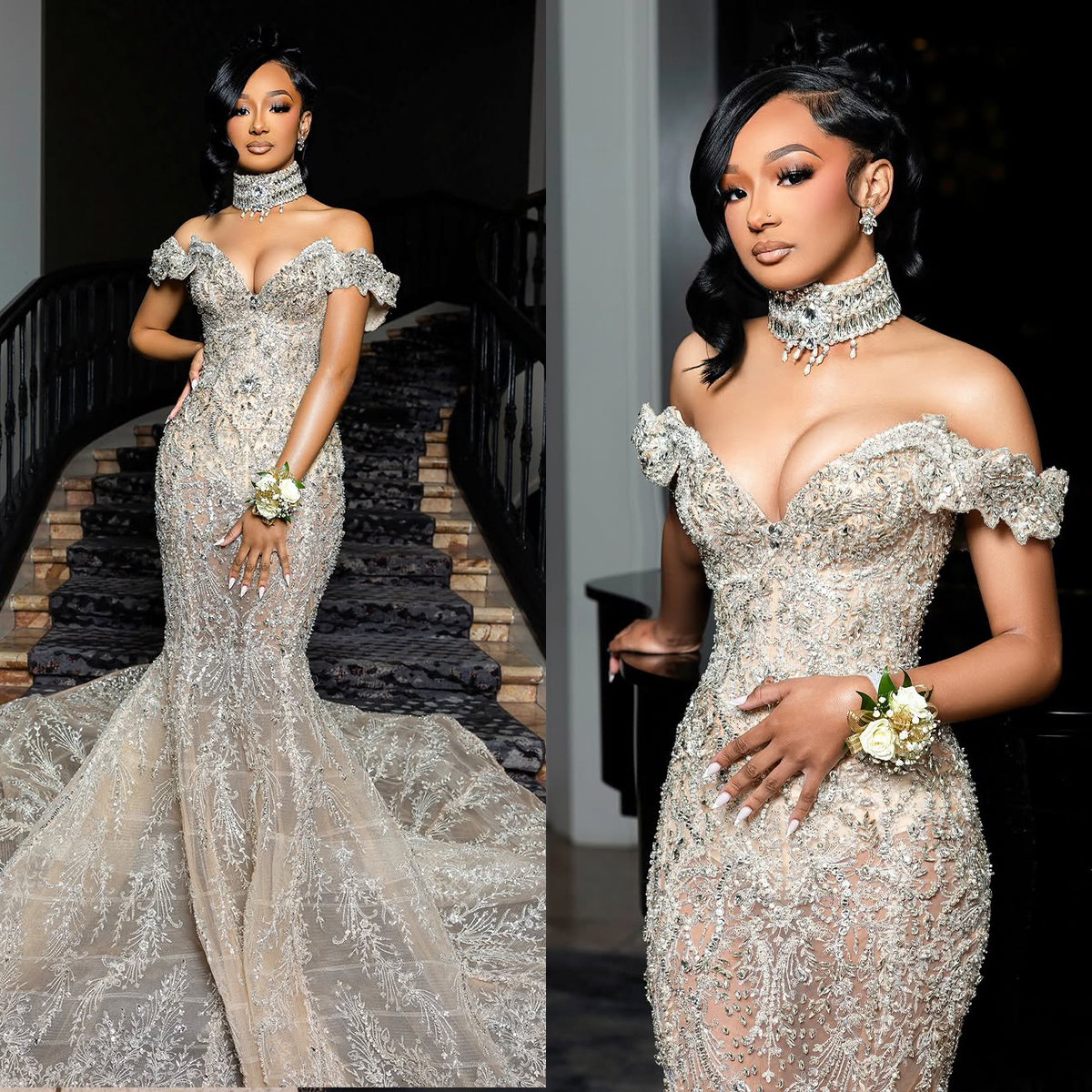 Exquisite Appliques Crystal Wedding Dresses Off Shoulder Bridal Gowns Beading Illusion See Through Customized Bride Sweep Train Vestidos De Novia