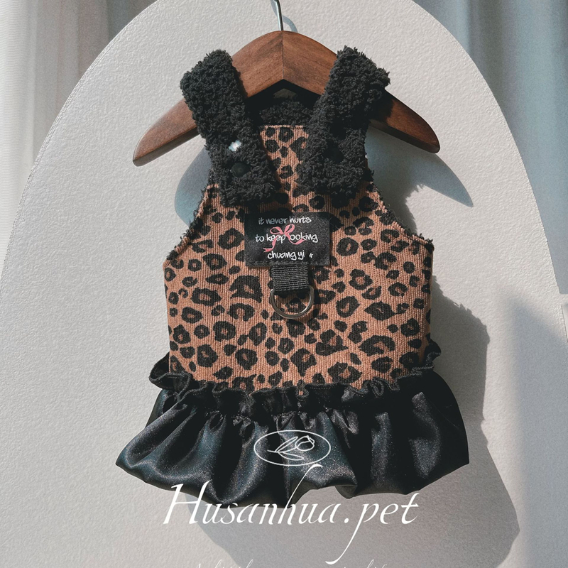 Luxury Dog Dress Clothes for Girls Female, Leopard Print Wool Lining Pet Winter Clothes with D-ring, Cartoon Cat Doll, Princess Dress Harness for Holi