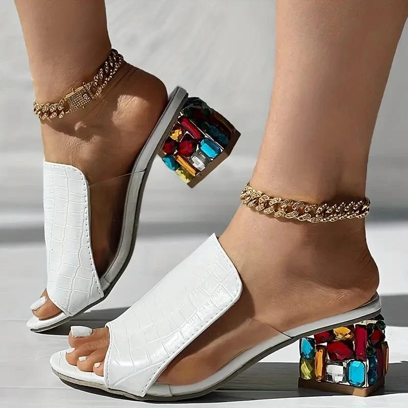 Women Crystal Sandals 2024 Spring Summer Open Toe Sandals Square Heels Beach Fashion Sandals Women Sandalias De Mujer 250605