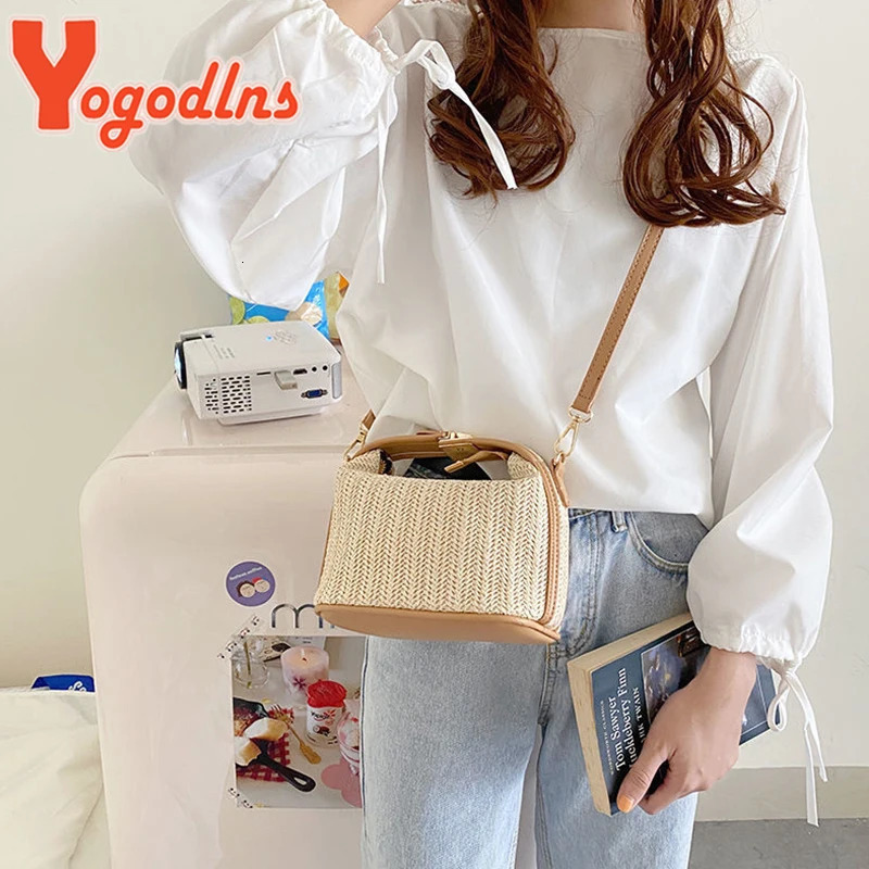 Yogodlns Summer Small Straw Handbag Trendy Shoulder Bag Woven Bucket Crossbody Casual Seaside Beach Girls Handle Tote 250605