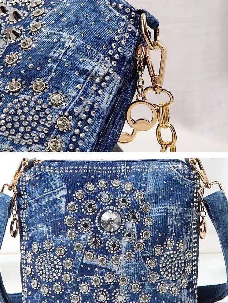 Bling Rhinestone Jeans Women's Handbags, Fashion Washed Denim Bucket Bag, Dia Handbag, Premium One Shoulder Crossbody Bag